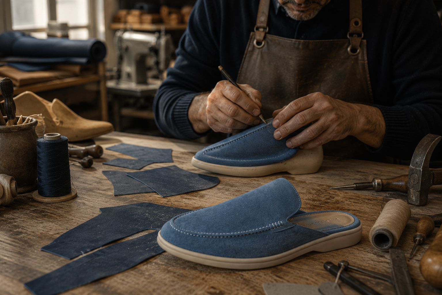 Artisan hands stitching in the workshop